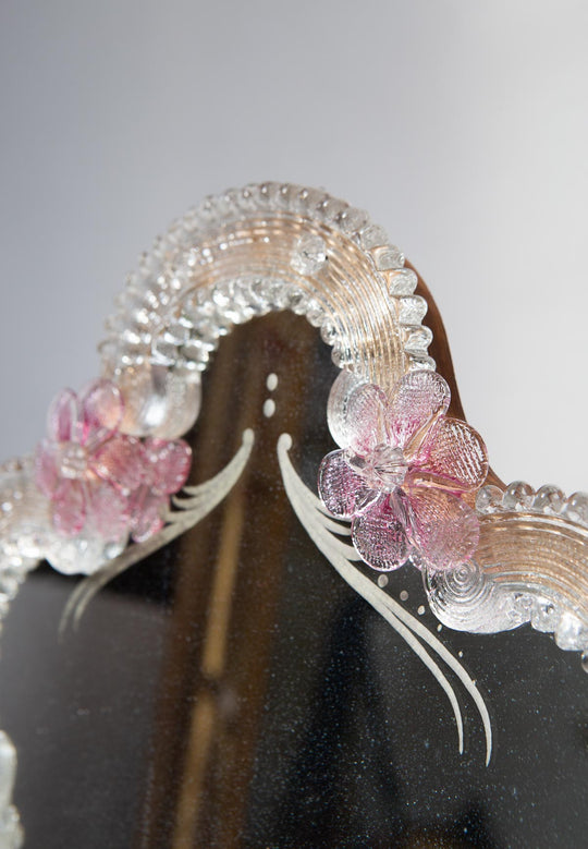 Espejo de tocador o mural cristal Murano flores rosa c. 1950 (36*31 cm)