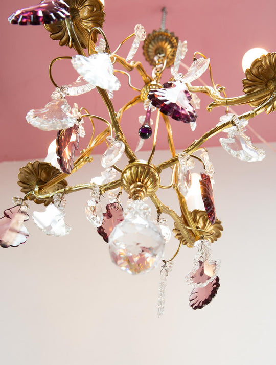 Chandelier francés bronce con cristales violetas c. 1970s (37 cm)