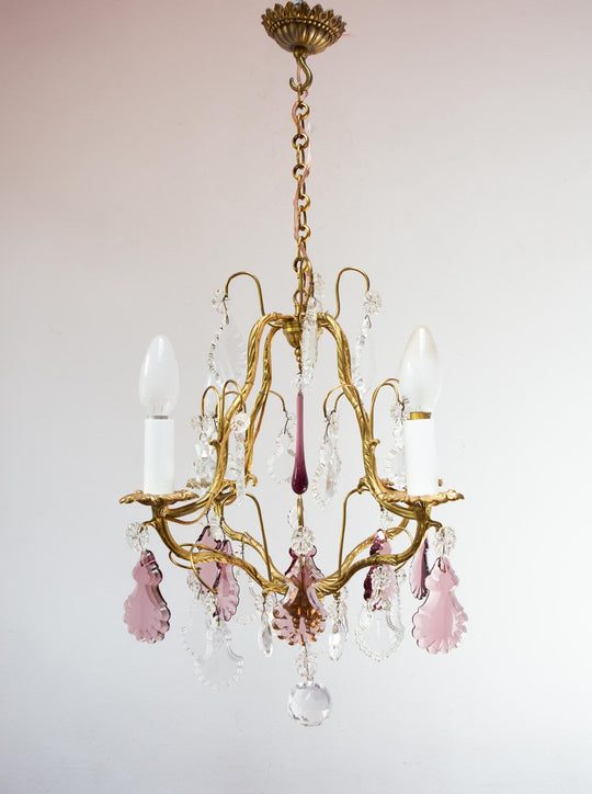 Chandelier francés bronce con cristales violetas c. 1970s (37 cm)