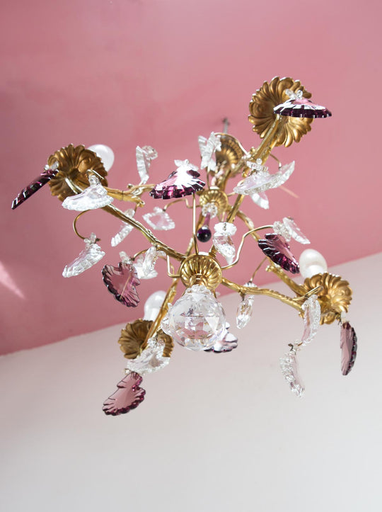 Chandelier francés bronce con cristales violetas c. 1970s (37 cm)