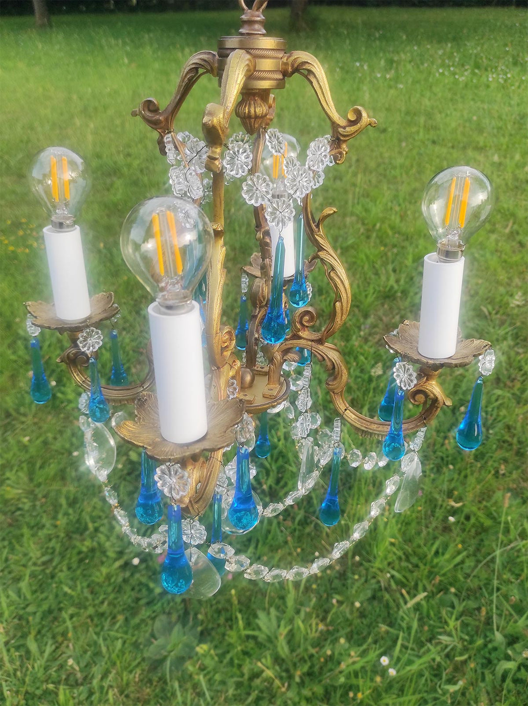 Antiguo chandelier francés bronce gotas Murano azul c. 1950/60s (37 cm)