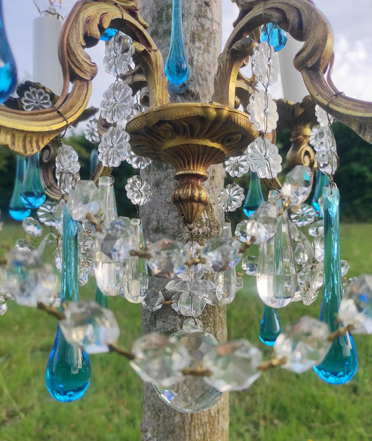 Antiguo chandelier francés bronce gotas Murano azul c. 1950/60s (37 cm)