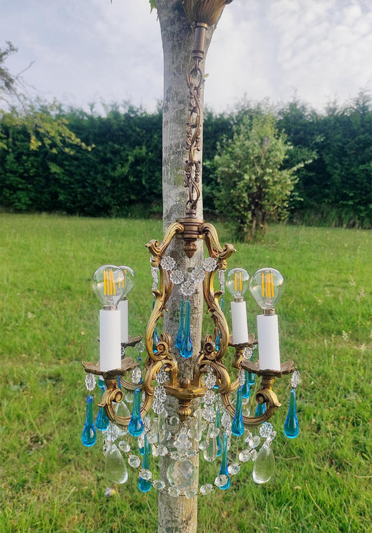 Antiguo chandelier francés bronce gotas Murano azul c. 1950/60s (37 cm)