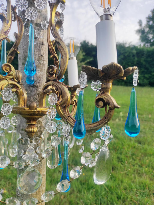 Antiguo chandelier francés bronce gotas Murano azul c. 1950/60s (37 cm)