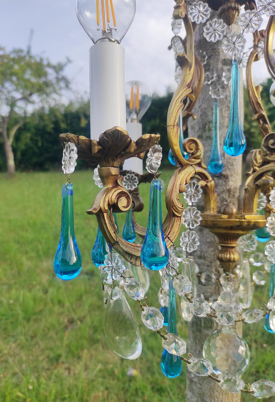 Antiguo chandelier francés bronce gotas Murano azul c. 1950/60s (37 cm)