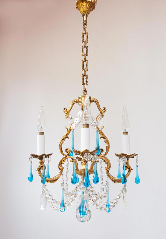 Antiguo chandelier francés bronce gotas Murano azul c. 1950/60s (37 cm)