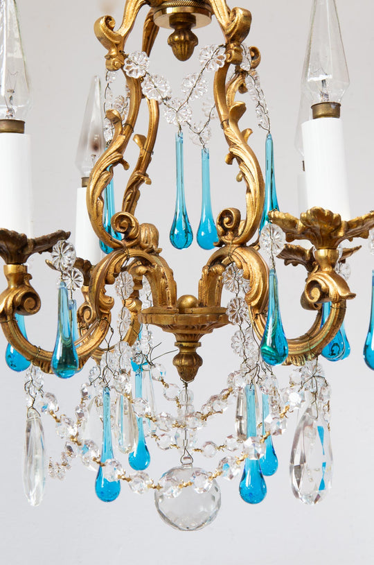 Antiguo chandelier francés bronce gotas Murano azul c. 1950/60s (37 cm)