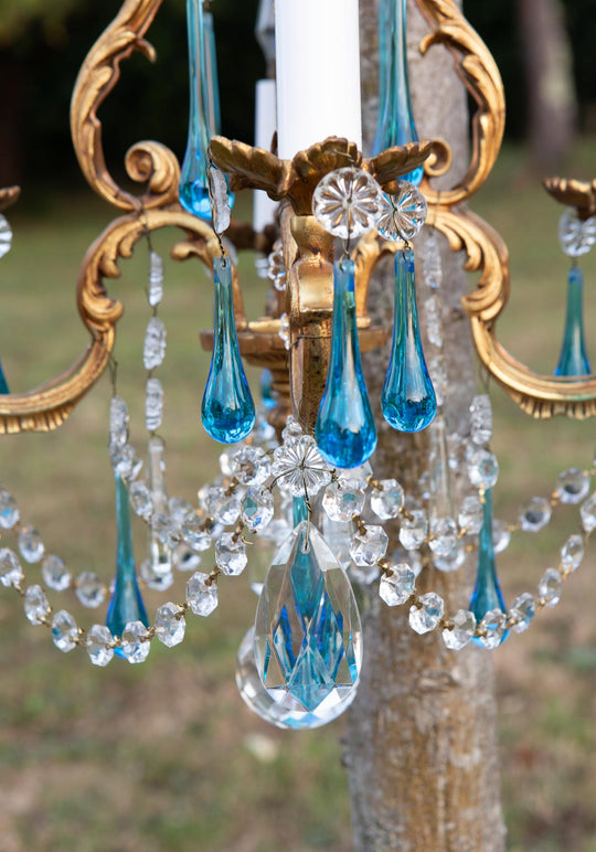 Antiguo chandelier francés bronce gotas Murano azul c. 1950/60s (37 cm)