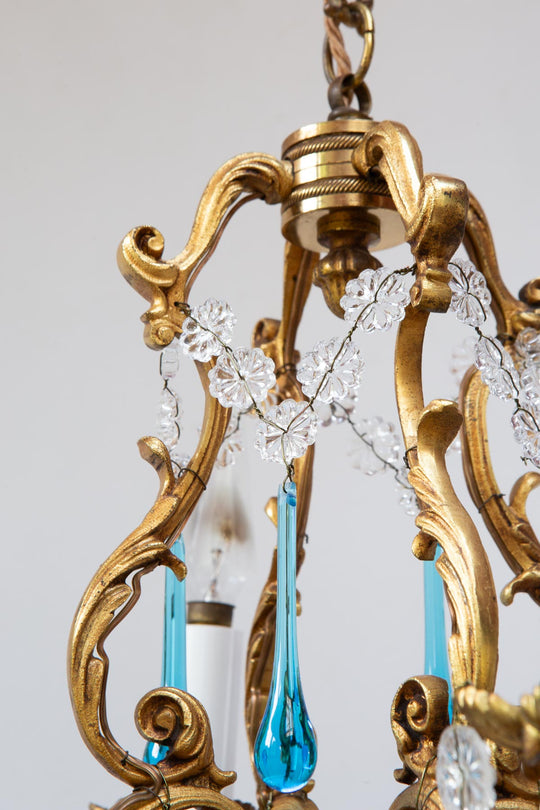 Antiguo chandelier francés bronce gotas Murano azul c. 1950/60s (37 cm)
