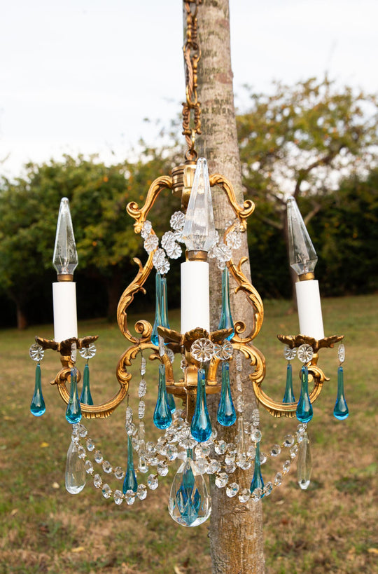 Antiguo chandelier francés bronce gotas Murano azul c. 1950/60s (37 cm)