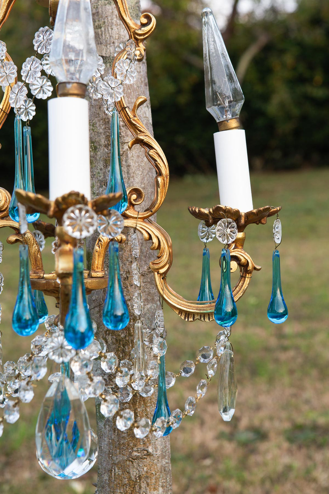 Antiguo chandelier francés bronce gotas Murano azul c. 1950/60s (37 cm)