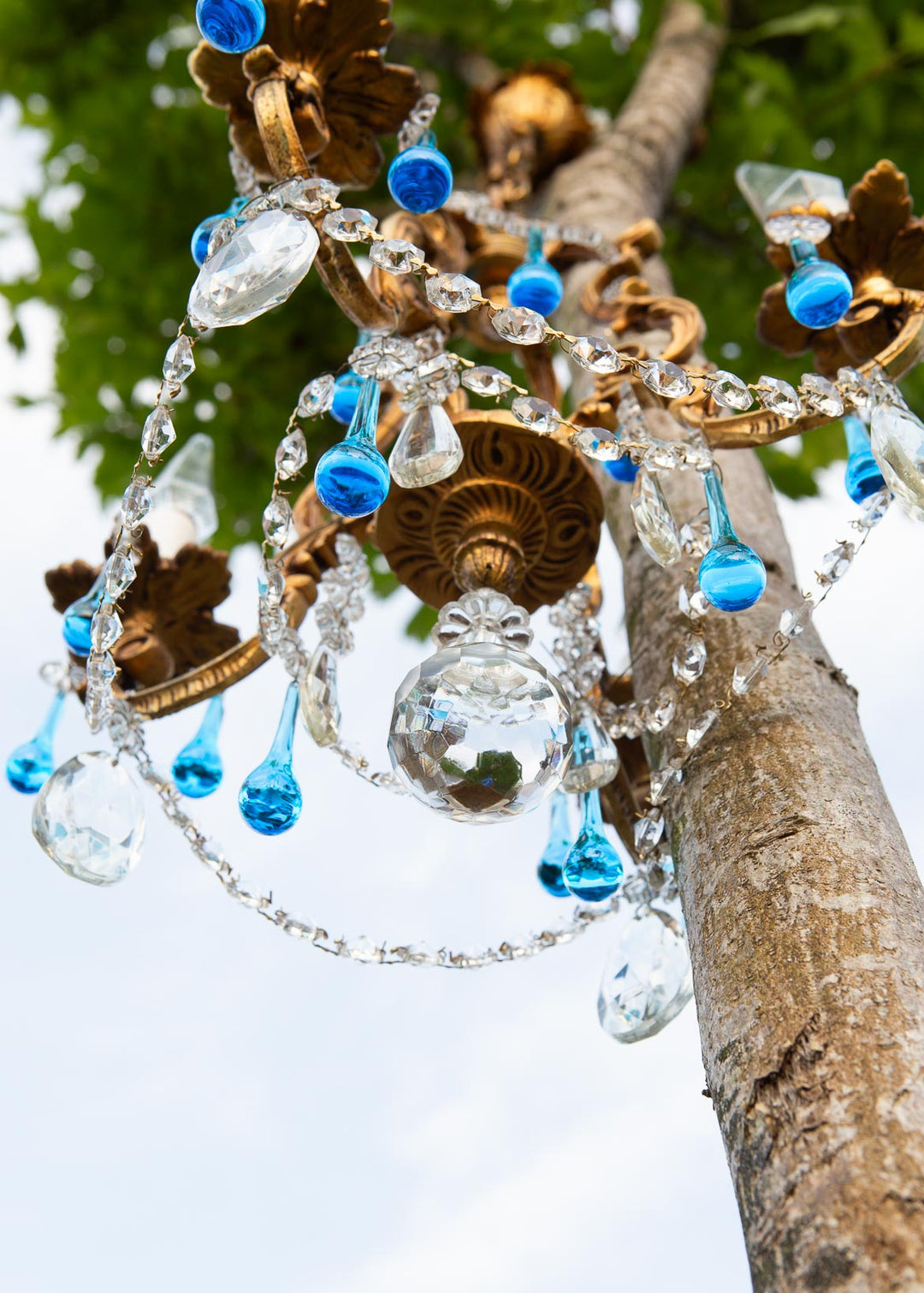 Antiguo chandelier francés bronce gotas Murano azul c. 1950/60s (37 cm)