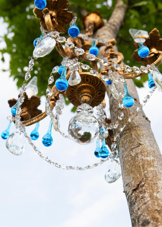 Antiguo chandelier francés bronce gotas Murano azul c. 1950/60s (37 cm)