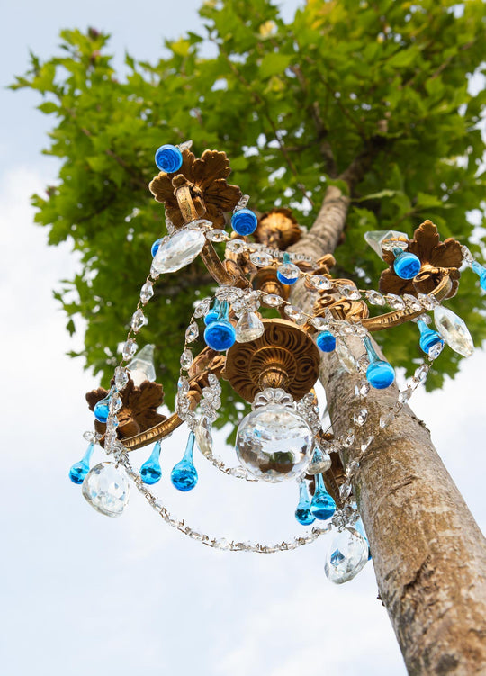 Antiguo chandelier francés bronce gotas Murano azul c. 1950/60s (37 cm)