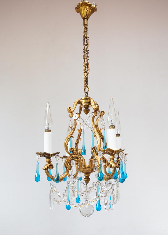Antiguo chandelier francés bronce gotas Murano azul c. 1950/60s (37 cm)