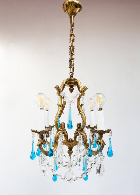 Antiguo chandelier francés bronce gotas Murano azul c. 1950/60s (37 cm)