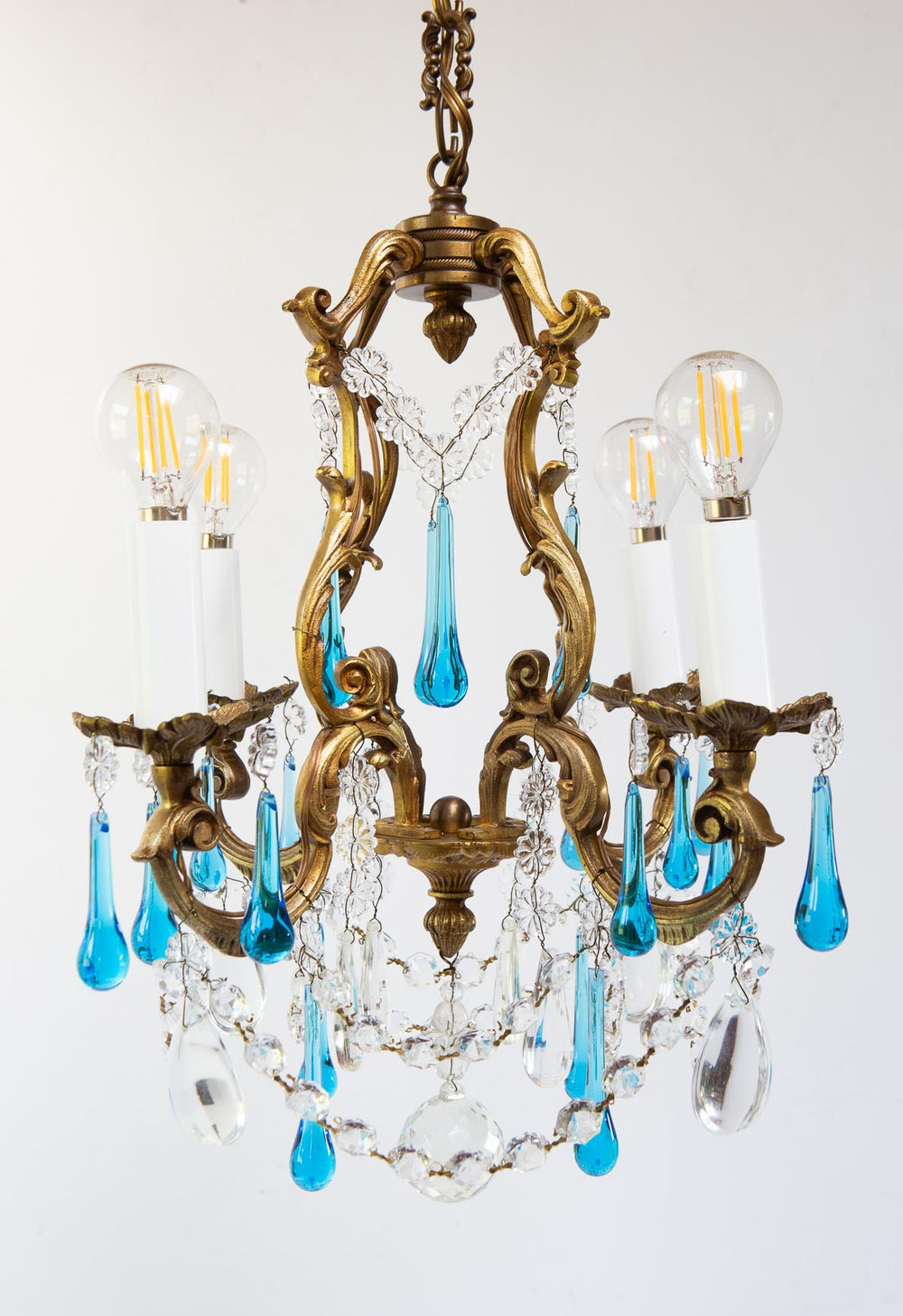 Antiguo chandelier francés bronce gotas Murano azul c. 1950/60s (37 cm)
