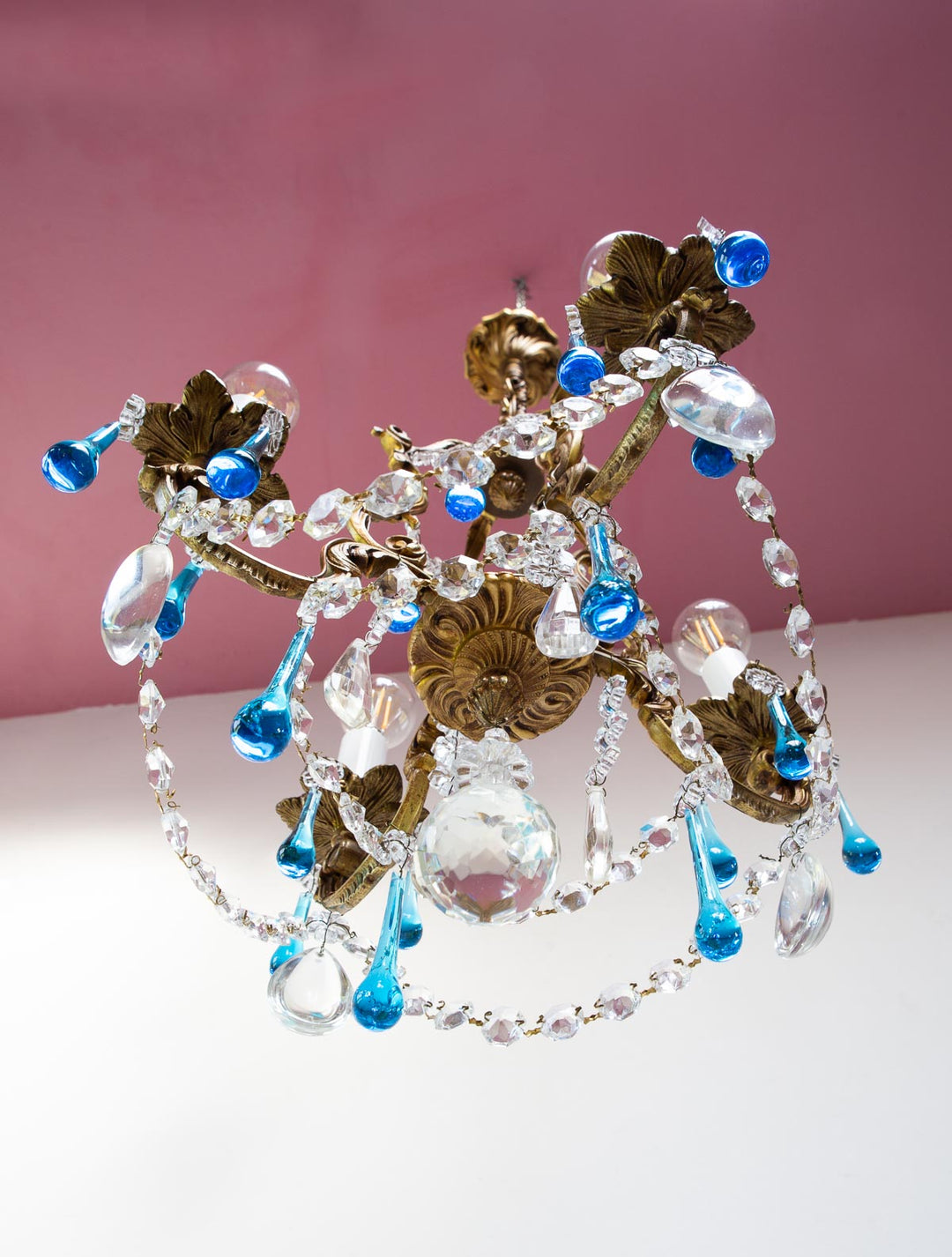 Antiguo chandelier francés bronce gotas Murano azul c. 1950/60s (37 cm)