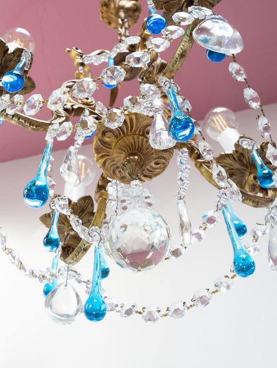 Antiguo chandelier francés bronce gotas Murano azul c. 1950/60s (37 cm)