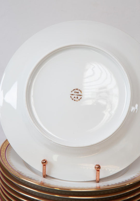 Juego de 9 platos LLANOS porcelana Limoges filo dorado y granate