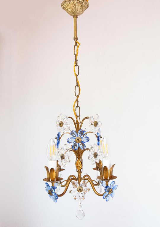 Chandelier italiano metal dorado flores cristal azul c. 1970 (24 cm)