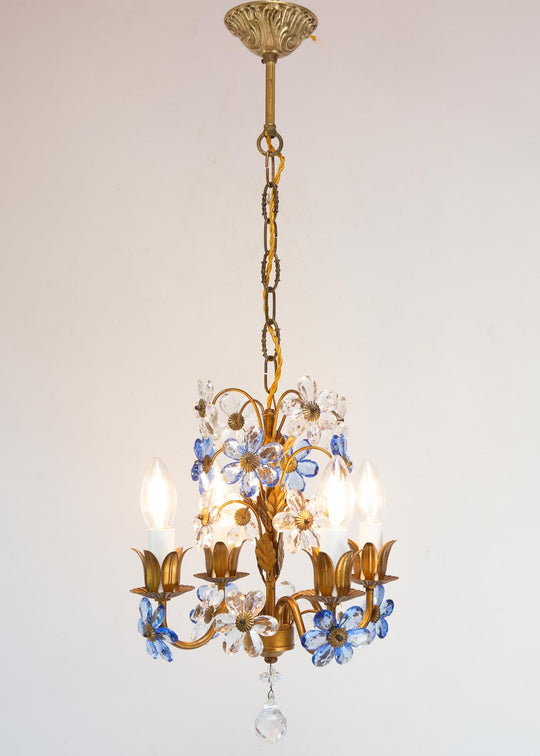 Chandelier italiano metal dorado flores cristal azul c. 1970 (24 cm)