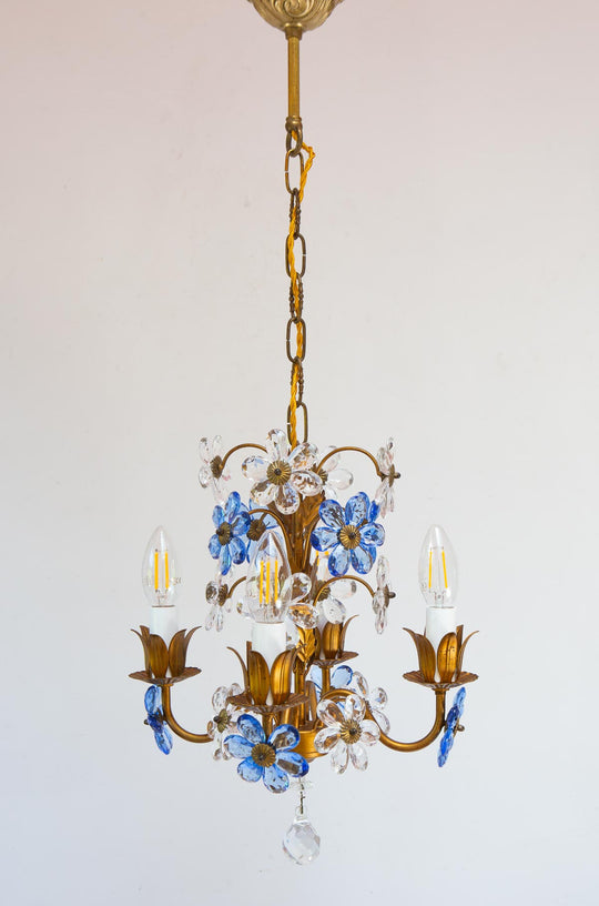 Chandelier italiano metal dorado flores cristal azul c. 1970 (24 cm)