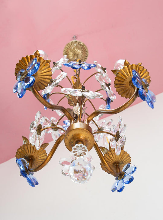 Chandelier italiano metal dorado flores cristal azul c. 1970 (24 cm)