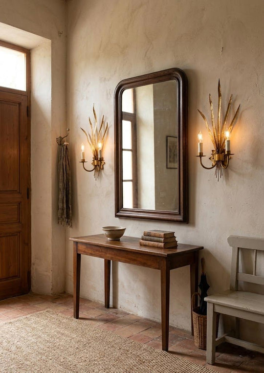 Pareja apliques franceses metal dorado hojas c. 1950s (60*24 cm)