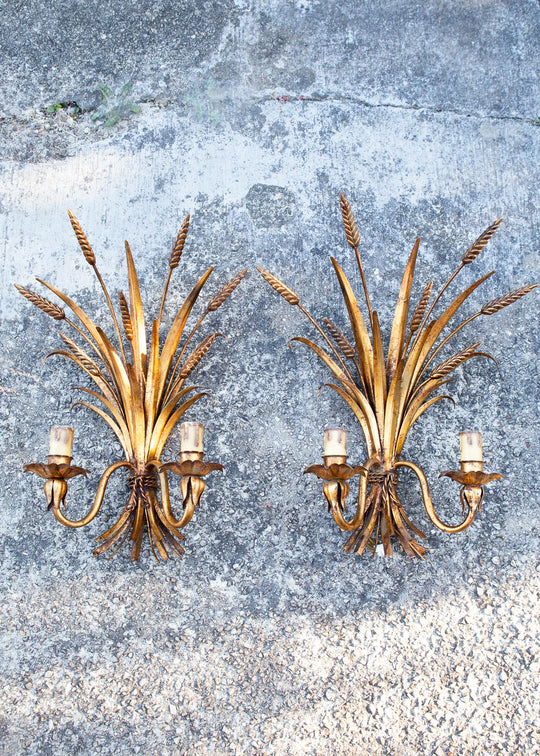 Pareja apliques italianos metal dorado hojas y espigas c. 1960/70 (45*26 cm)