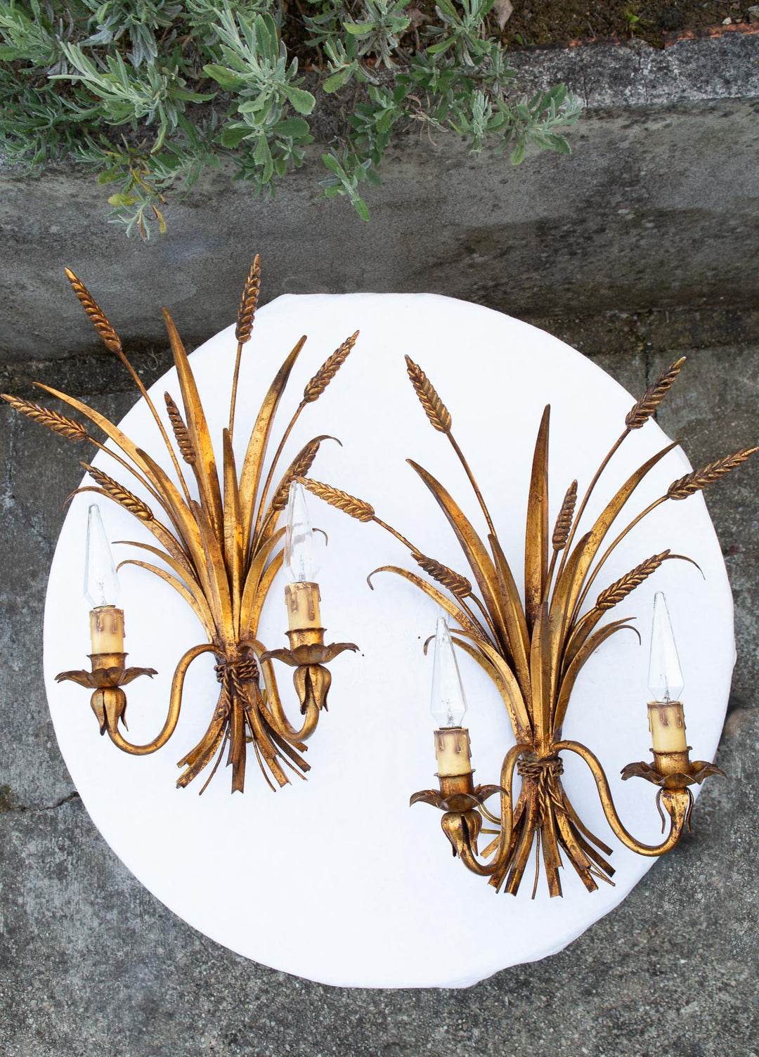 Pareja apliques italianos metal dorado hojas y espigas c. 1960/70 (45*26 cm)