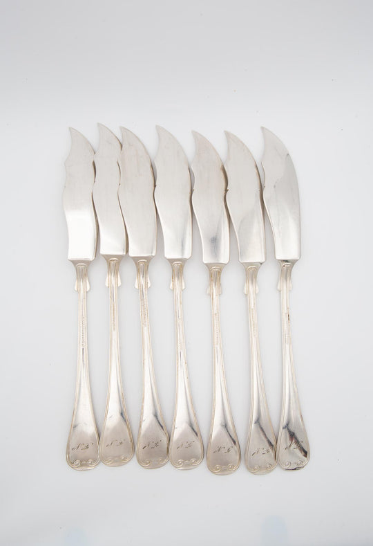 Juego de 7 palas pescado suecas C.G. Hallberg metal baño plata c. 1900-30
