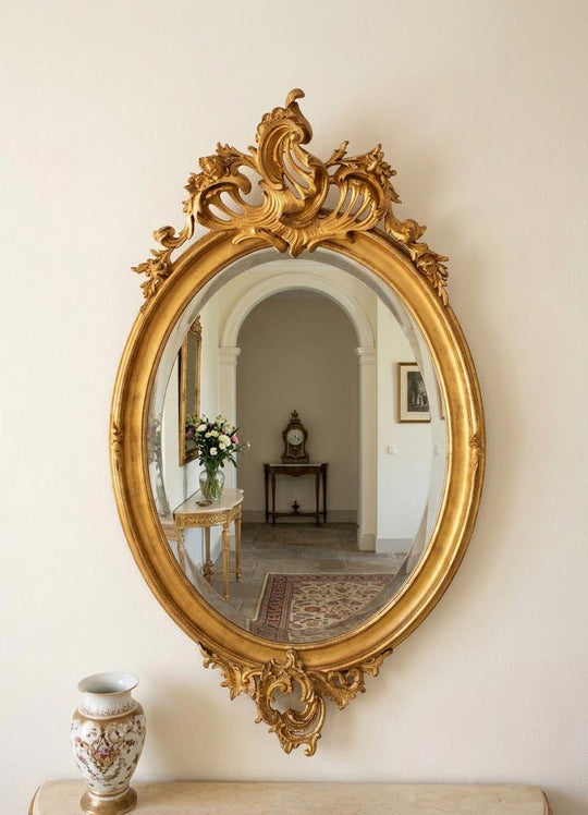 Antiguo espejo dorado francés estilo Louis XV/Isabelino con copete s. XIX (120*66 cm)