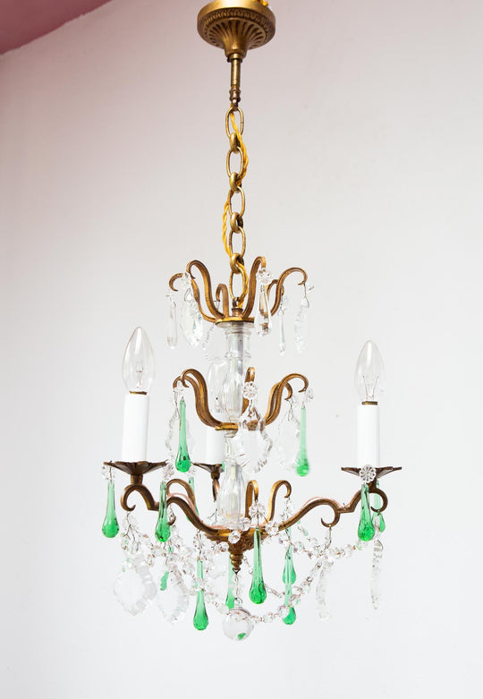 Antiguo chandelier francés bronce gotas cristal verde c. 1950/60s (34 cm)