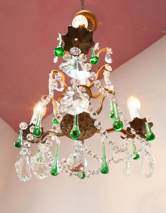 Antiguo chandelier francés bronce gotas cristal verde c. 1950/60s (34 cm)