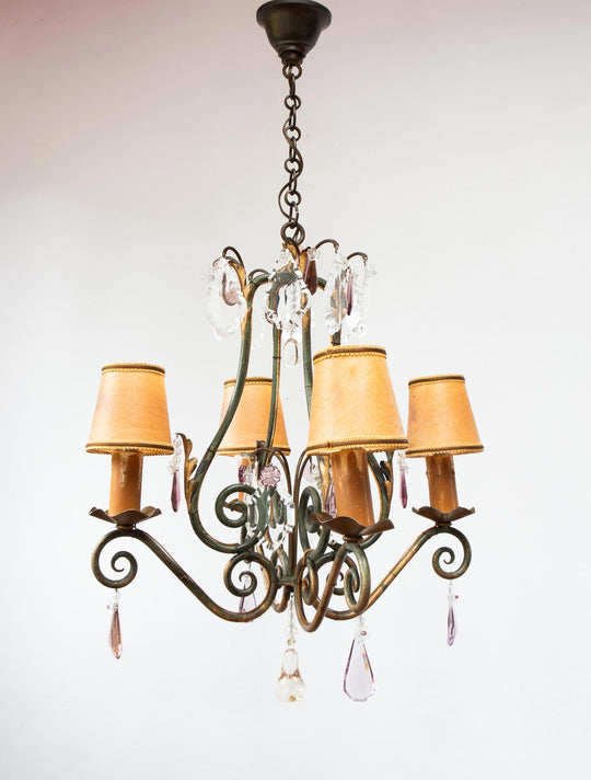 Antiguo chandelier francés hierro patinado verde y dorado cristales c. 1900 (50 cm)