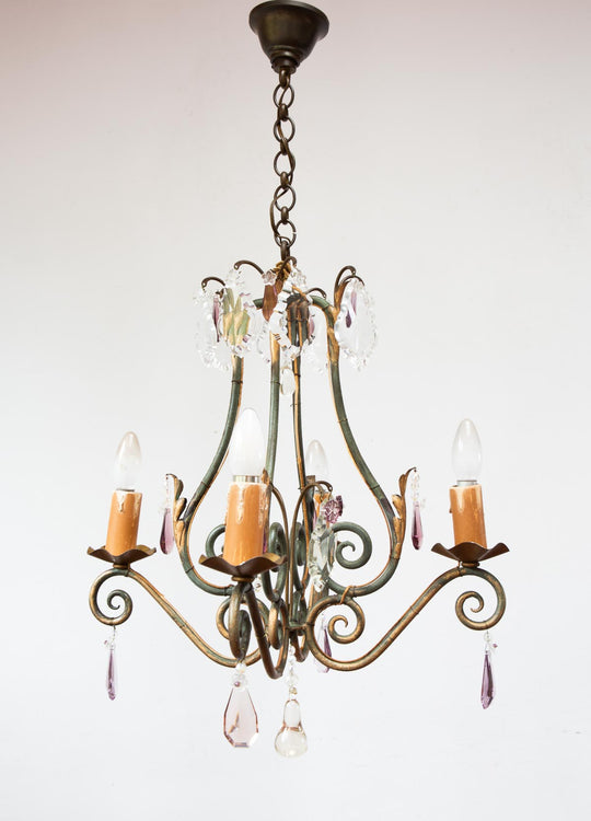 Antiguo chandelier francés hierro patinado verde y dorado cristales c. 1900 (50 cm)
