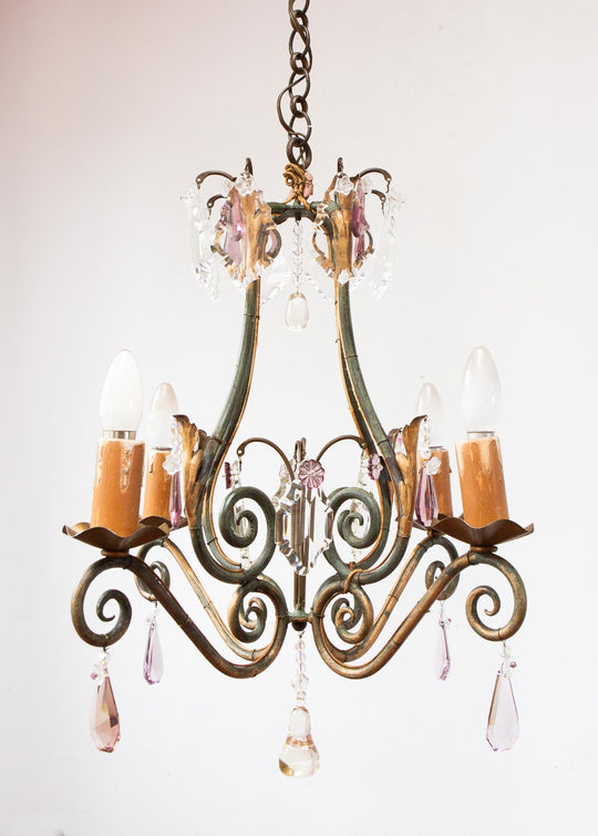 Antiguo chandelier francés hierro patinado verde y dorado cristales c. 1900 (50 cm)