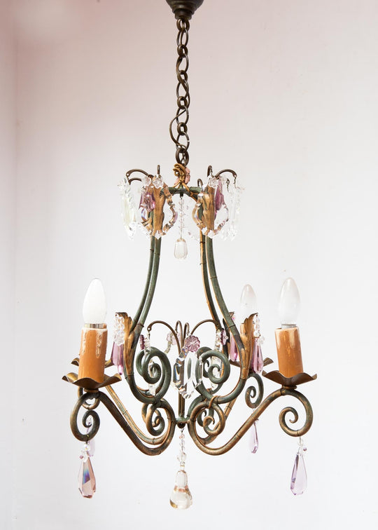 Antiguo chandelier francés hierro patinado verde y dorado cristales c. 1900 (50 cm)