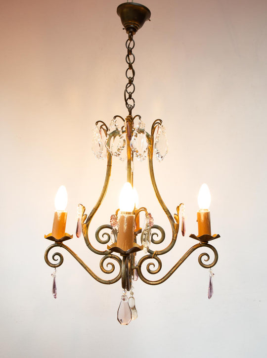 Antiguo chandelier francés hierro patinado verde y dorado cristales c. 1900 (50 cm)
