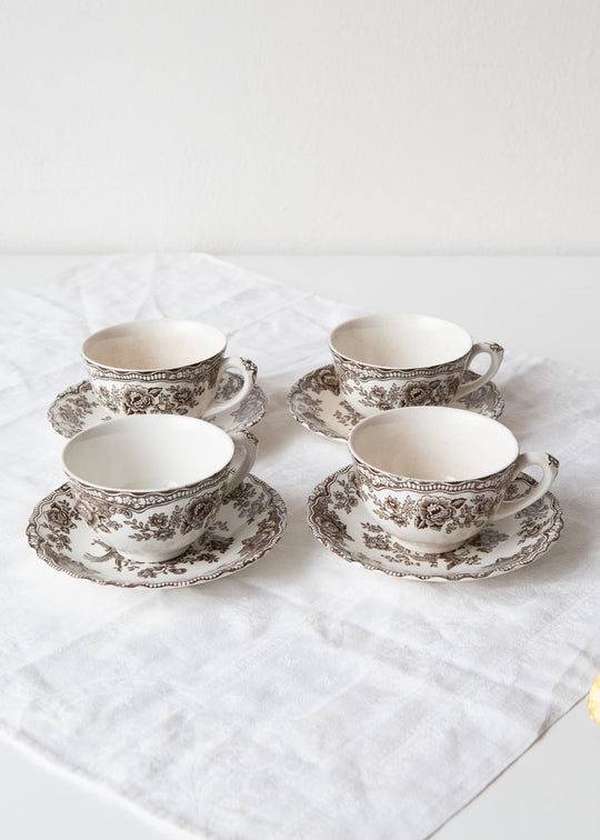 Juego 4 tazas café inglesas Crown Ducal Staffordshire mod. Bristol Asiatic Pheasants  c. 1940s