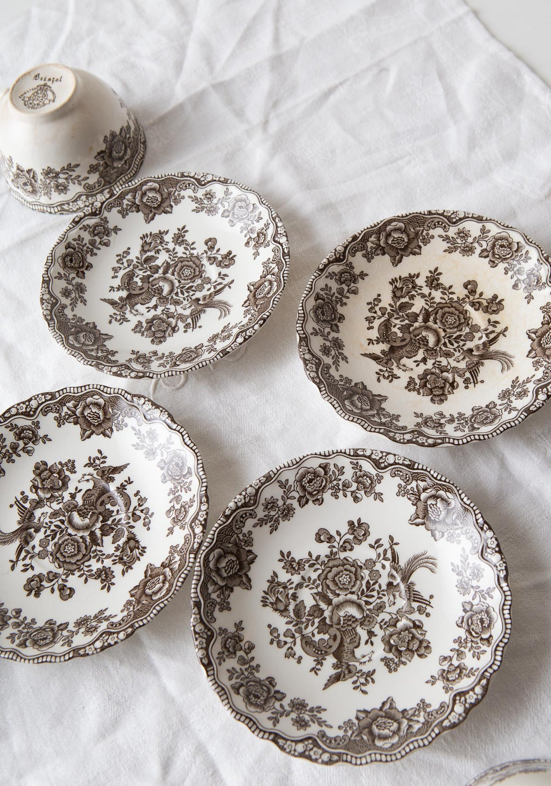 Juego 4 tazas café inglesas Crown Ducal Staffordshire mod. Bristol Asiatic Pheasants  c. 1940s
