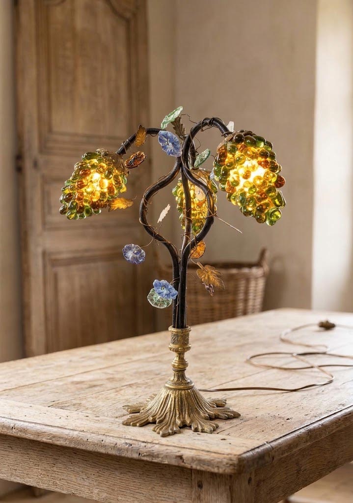 Antigua lámpara mesa bronce y racimos cristal Murano s. XX (57 cm)