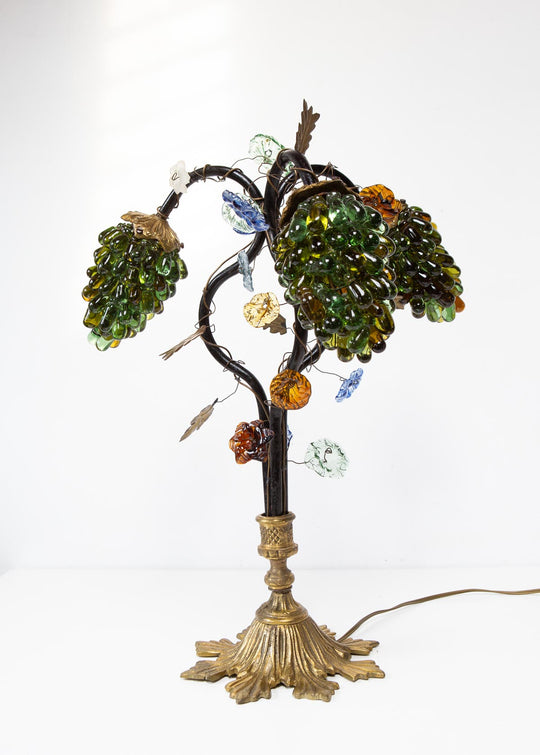 Antigua lámpara mesa bronce y racimos cristal Murano s. XX (57 cm)