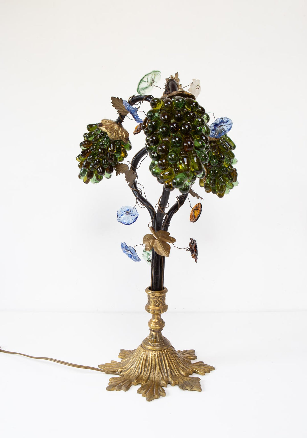 Antigua lámpara mesa bronce y racimos cristal Murano s. XX (57 cm)