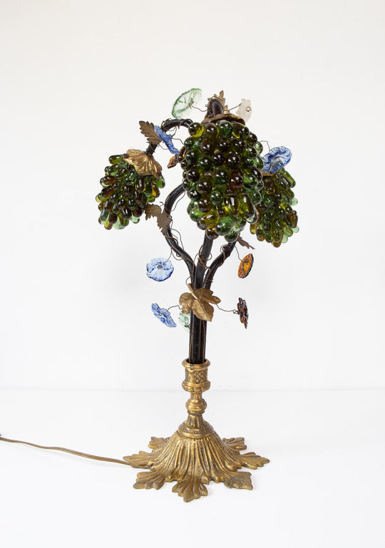 Antigua lámpara mesa bronce y racimos cristal Murano s. XX (57 cm)