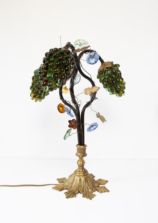Antigua lámpara mesa bronce y racimos cristal Murano s. XX (57 cm)