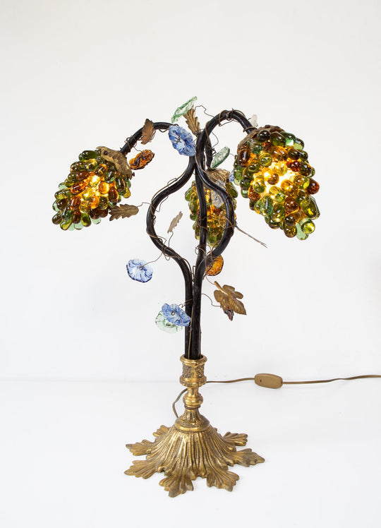 Antigua lámpara mesa bronce y racimos cristal Murano s. XX (57 cm)