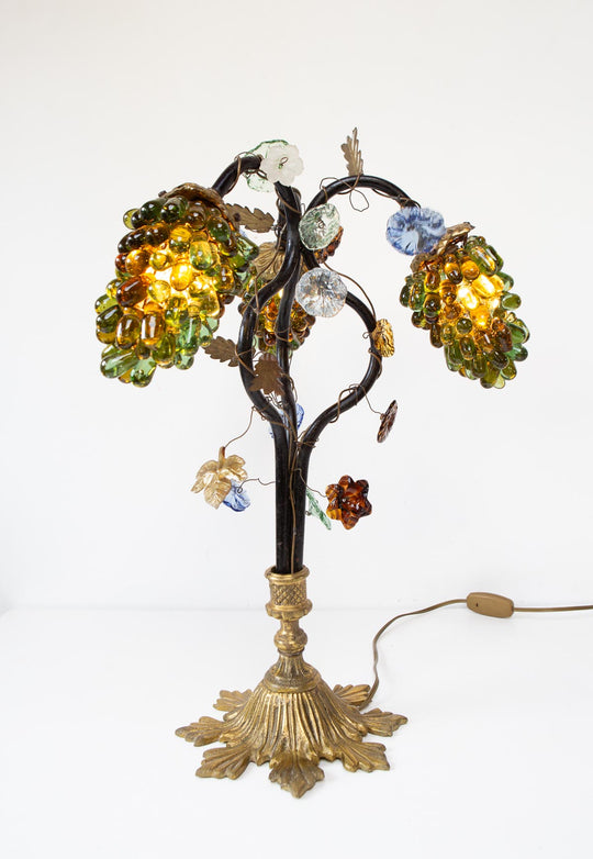 Antigua lámpara mesa bronce y racimos cristal Murano s. XX (57 cm)