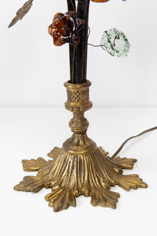 Antigua lámpara mesa bronce y racimos cristal Murano s. XX (57 cm)